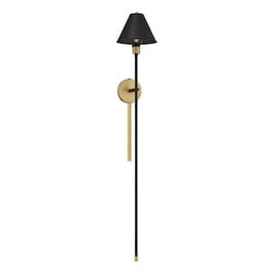 1-Light Black with Natural Brass Accents Wall Sconce with a Black Metal Shade