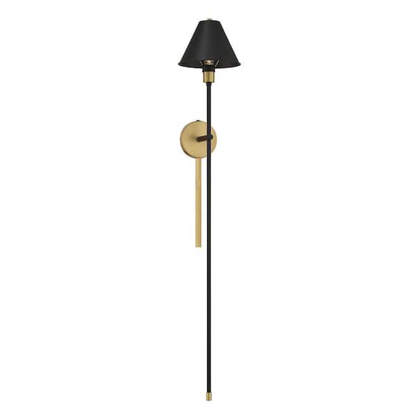 Savoy House 1-Light Black with Natural Brass Accents Wall Sconce with a Black Metal Shade