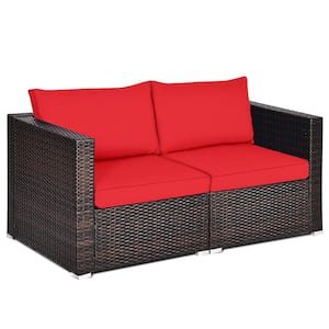 2-Piece Wicker Outdoor Rattan Corner Sectional Sofa Set Patio Furniture Set with 4 Red Cushions