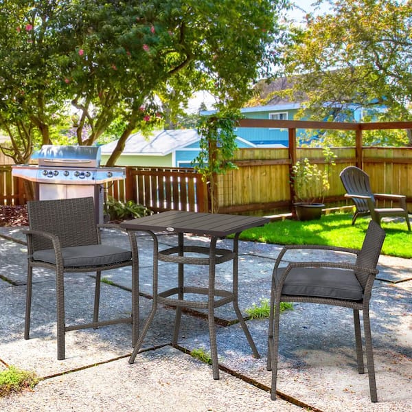 Unbranded 3-Piece Metal Wicker Round Table 36.5 in. H Outdoor Bistro Set with Gray Cushion for Outdoor, Patio, Poolside, Garden
