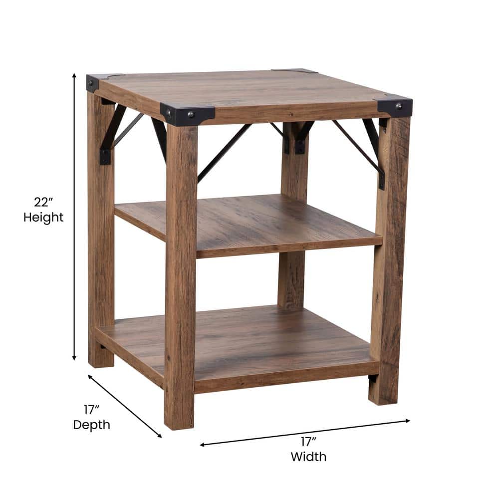 Rustic Oak and Metal 3-Tier Square End Table
