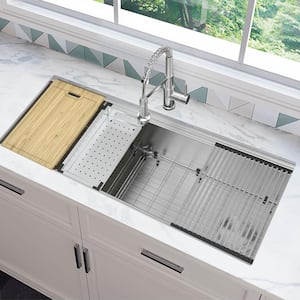 Professional Zero Radius 45 in. Undermount Single Bowl 16 Gauge Stainless Steel Workstation Kitchen Sink with Faucet