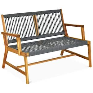 46.5 in. 2-Person Brown Acacia Wood Outdoor Bench with Grey Rope