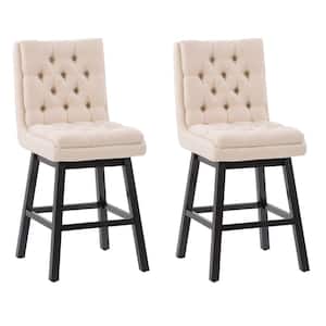 Boston 26 in. Beige Full Back Wood Counter Height Tufted Fabric Barstool (Set of 2)