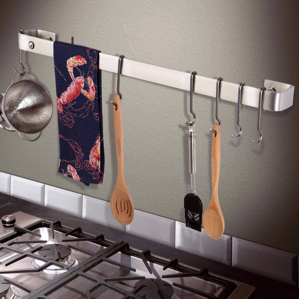 Handcrafted Stainless Steel 42-Inch Wall Rack Utensil Bar with Hooks