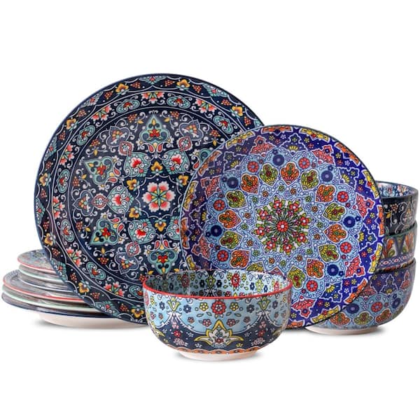 12-Piece Bohemian Dinnerware Set, Ceramic Dishes for 4, 10.5-Inch Dinner Plates, 8.5-Inch Salad Plates, 28-Ounce Bowls