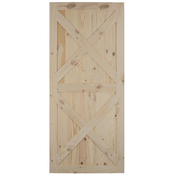 EVERMARK Expressions 37 in. x 84 in. Solid Natural 1 Panel Planked Double Cross Buck Rustic Unfinished Wood Pine Barn Door Slab
