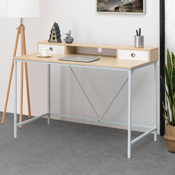 FESTIVO 48 in. Rectangular Beige 2 Drawer Writing Desk with Hutch