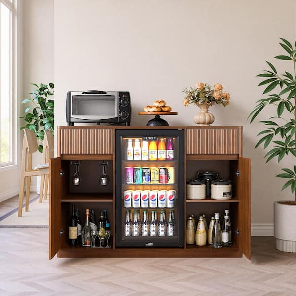 Walnut 53.15 in. W Bar Cabinet with Charging Station and Mini Fridge Nook (Fridge Not Included)