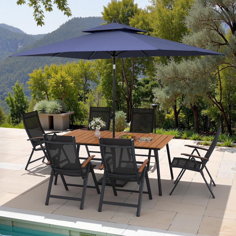 9-Piece 71 in. Brown Aluminum Outdoor Dining Set with Foldable Recliner Chairs, Navy Market Patio Umbrella and Base price history on PriceWatchPro