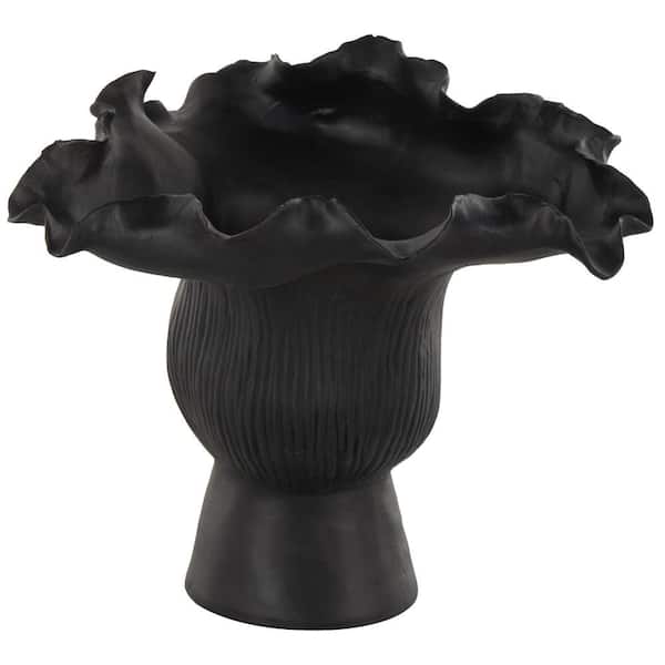 Litton Lane Black Floral Inspired Ceramic Abstract Decorative Vase with Linear Grooves