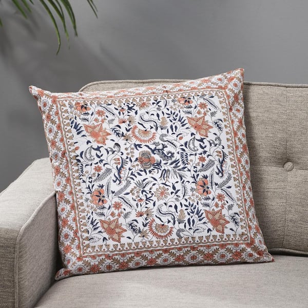18 x 18 Square Accent Throw Pillow, Damask Print, Soft Polyester Filler, Cream, Blue