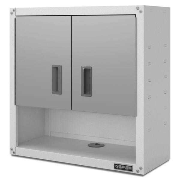 Gladiator Steel 2 Shelf Wall Mounted Garage Cabinet In Light Gray 28 W X H 12 D Gawg28kvew The Home Depot - Gladiator Wall Cabinet Installation