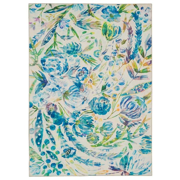 Linon Home Decor Washable Emily Ivory/Blue 5 ft. x 7 ft. Abstract Rectangle Area Rug