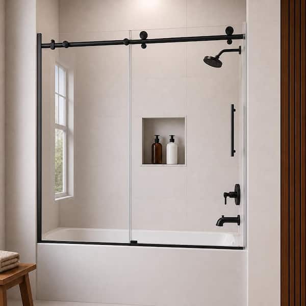 Vetra 60 in. W x 60 in. H Sliding Framed Tub Door in Matte Black Finish with Clear Glass