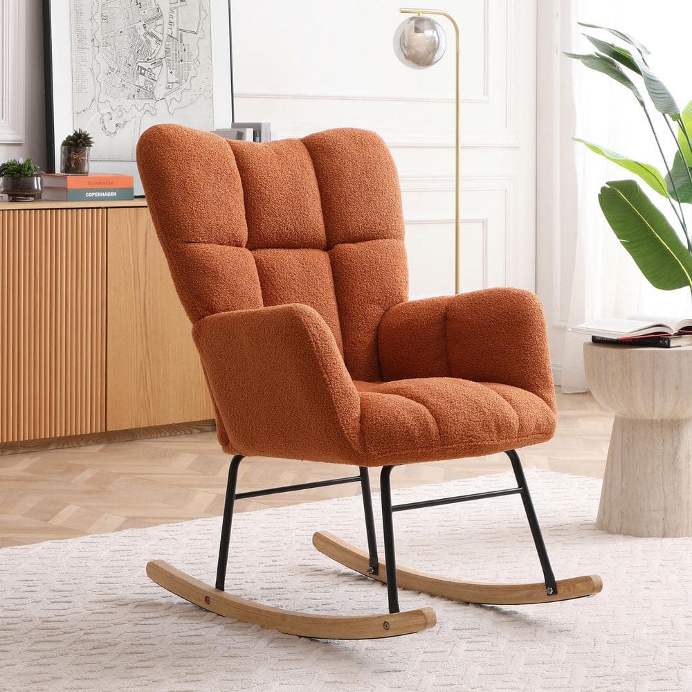 35 in. x 19.2 in. x 39.7 in. Orange Polyester Rocking Chair, Comfy Side Cha