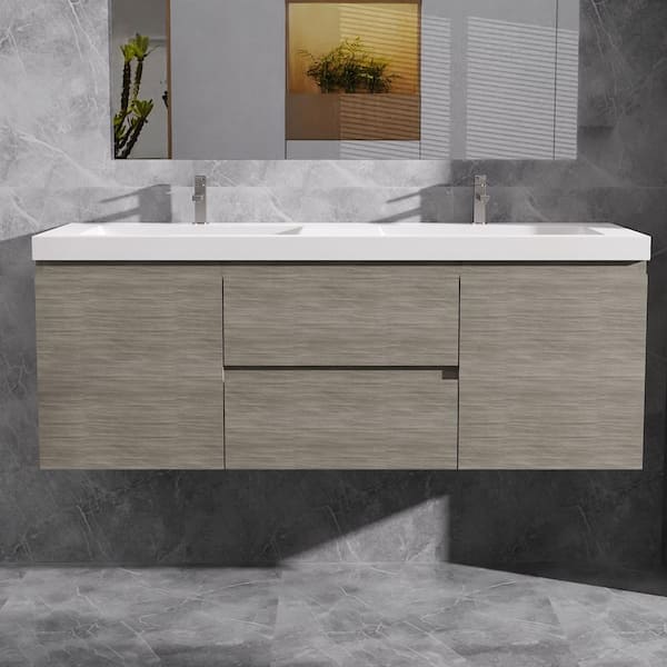 Alice 60 in. W x 20 in. D x 22 in. H Floating Bathroom Vanity in Ash Grey with Double Solid Surface Sink Top in White