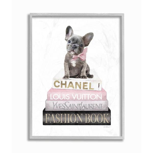 Stupell Industries "Dashing French Bulldog and Iconic Fashion Bookstack" by Amanda Greenwood Framed Animal Wall Art Print 16 in. x 20 in.