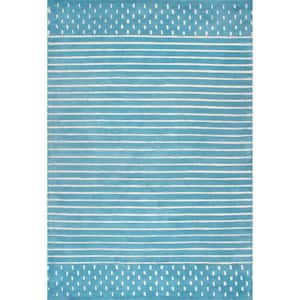 Arvin Olano Mandia Striped Wool Baby Blue 6 ft. x 9 ft. Indoor/Outdoor Patio Rug