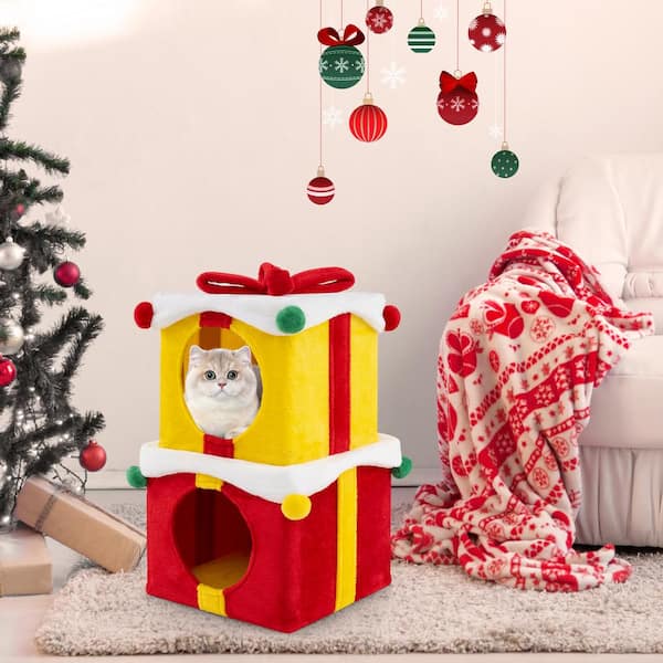 15.5 in. x 15.5 in. 2 Gift Box Shaped Cute Christmas Cat House with Bow