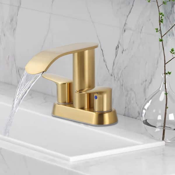Waterfall 4 in. Centerset Double-Handle Bathroom Sink Faucet, Modern Faucet with Pop Up Drain in Brushed Gold