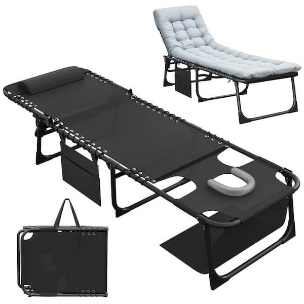 Metal Folding Outdoor Chaise Lounge with Gray Cushion and Face Hole, 5-Position Reclining Portable Patio Chair, Black
