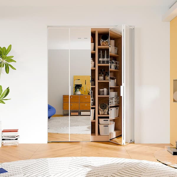 48 in. x 80 in. Mirrored Glass, White, Hollow Core, MDF, Aluminum Frame, Full Lite Bi-fold Doors with Hardware (2-Pack)