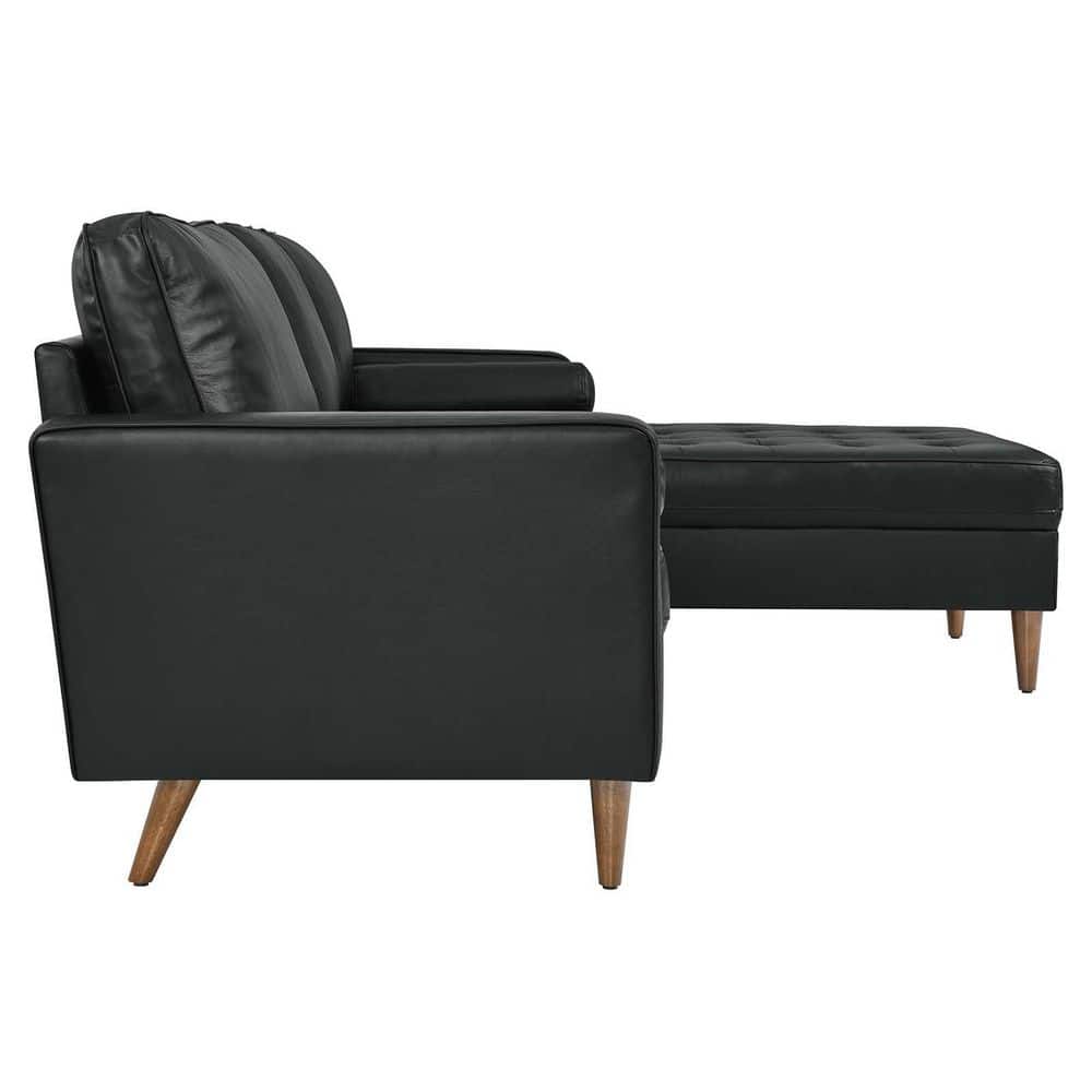 Valour Black Tufted Faux Leather Sectional Sofa with Wood Legs