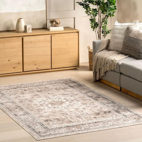 9 ft. 6 in. x 13 ft. 6 in. Davi Stone Faded Spill Proof Machine Washable Area Rug