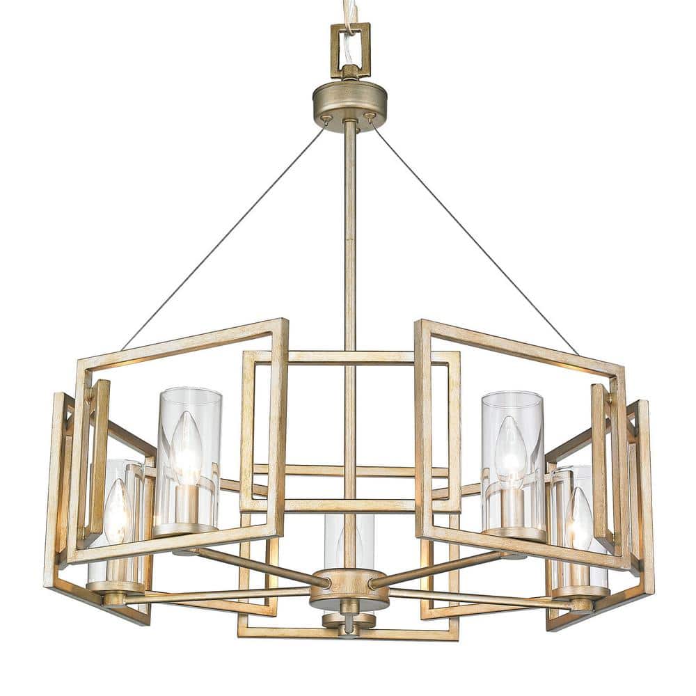 Elegant White Gold 5-Light Chandelier with Clear Glass Cylinders