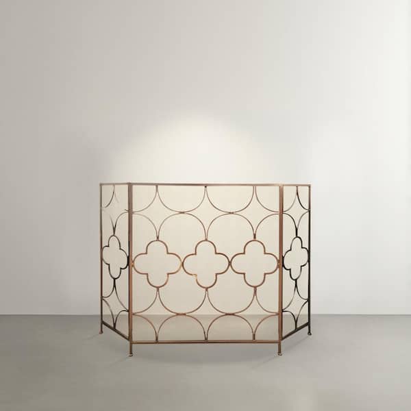 Benjara Bronze Metal 50 in. 3-Panel Fireplace Screen with Quatrefoil Design
