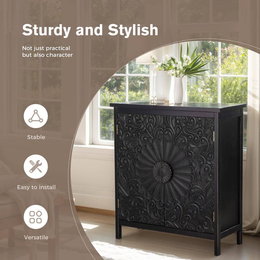 Black Carved Floral Pattern 2-Door Accent Cabinet