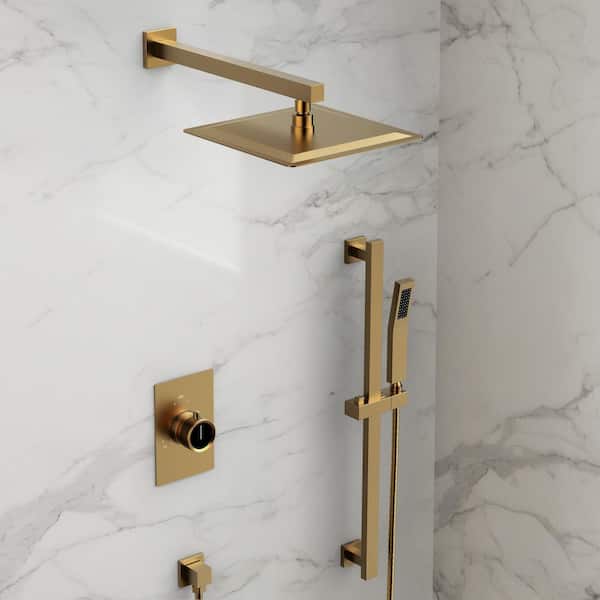 GRANDJOY ClassicRain Dual 2-Spray Wall Mount 10 in. Fixed and Handheld Shower Head 2.5 GPM in Brushed Gold Valve Included