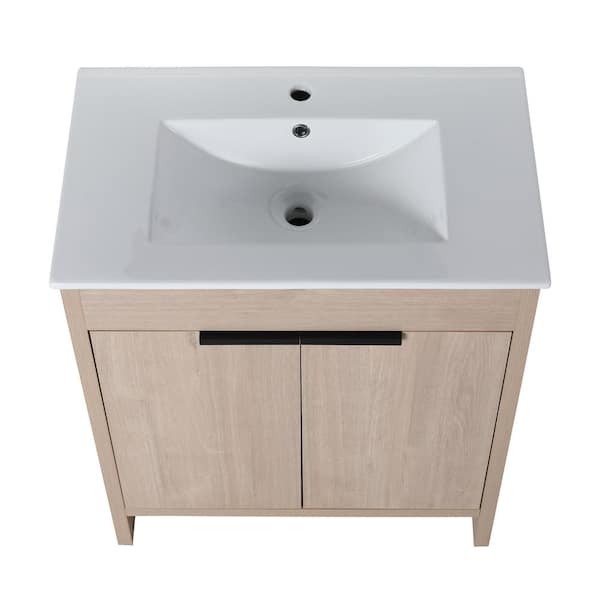 Boosicavelly 29.13 in. W x 17.91 in. D x 33.46 in. H Single Sink Freestanding Bath Vanity in Plain Light Oak with White Ceramic Top