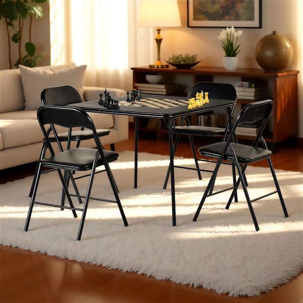 FOLS 5-Piece Black Folding Table and Chair Set 34 in. Square Table with Easy-Clean PVC Cushions, No Assembly Needed