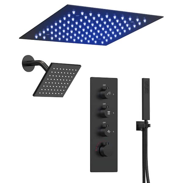 Chromotherapy 7-Spray Square 12 in. Ceiling Rain LED Shower System Fixed and Handheld Shower Head in Matte Black 2.5 GPM