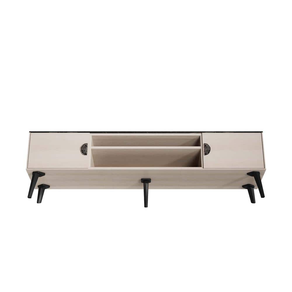 Haley 70.9" White and Black Marble TV Stand with Cabinet
