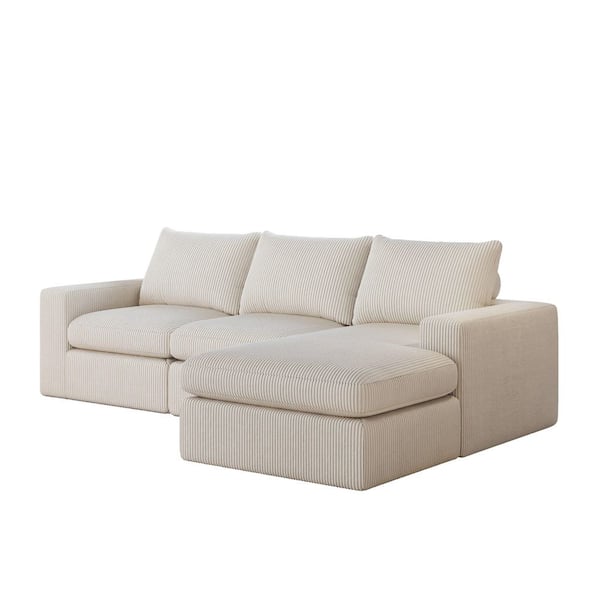 Bishop Modern 99 in. Corduroy Modular Compression Sectional Sofa in Beige with Reversible Chaise Lounge Neck Pillows
