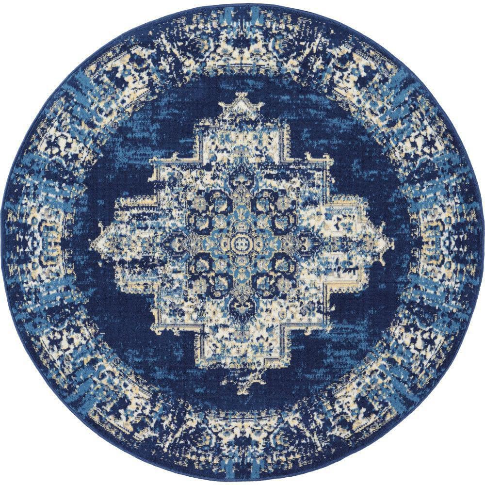 Navy Blue Round Medallion Tufted Synthetic Rug 4 ft