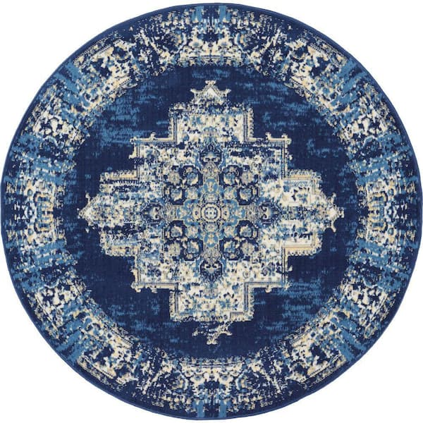 Nourison Grafix Navy Blue 4 ft. x 4 ft. Persian Medallion Transitional Round Rug