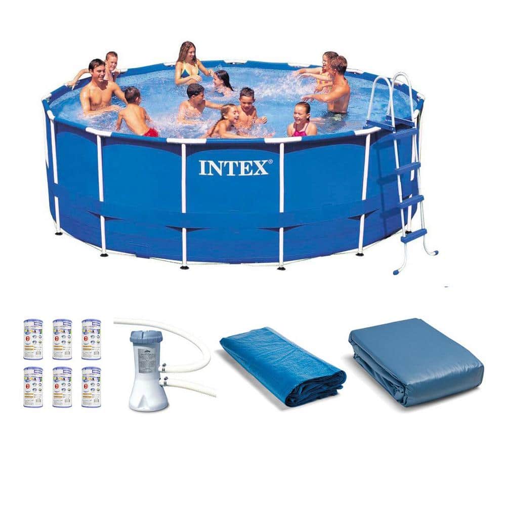 Intex 15 ft. x 48 in. Deep Metal Frame Round Above Ground Swimming Pool Set with Pump and Filter Pump Cartridges, Blue -  28241EH
