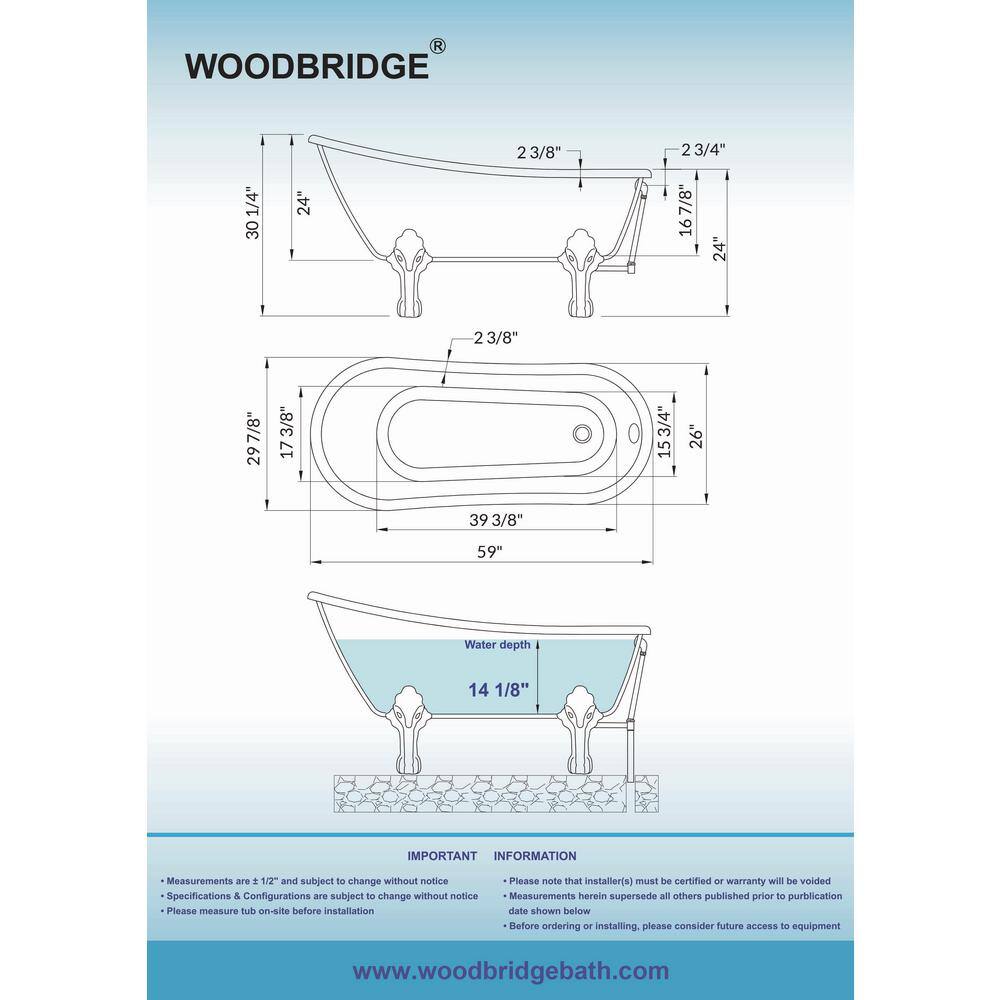 59" White Acrylic Clawfoot Slipper Bathtub with Oil Rubbed Bronze Feet