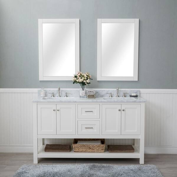 Alya Bath Wilmington 60 in. W x 22 in. D Vanity in Linen White with Marble Vanity Top in White with White Basin and Mirror