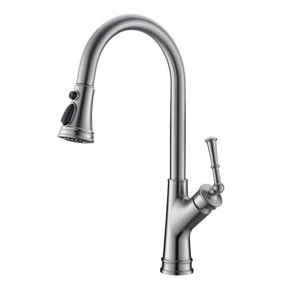 Satico 17.99 in Single Handle Stainless Steel High Arc 360 ° Spout Swivel Pull Down Sprayer Kitchen Faucet in Brushed Nickel