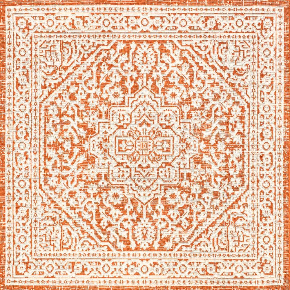 Handmade Orange and Cream Medallion Square Synthetic Rug