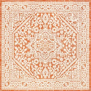 Sinjuri Medallion Textured Weave Orange/Cream 5 ft. Square Indoor/Outdoor Area Rug