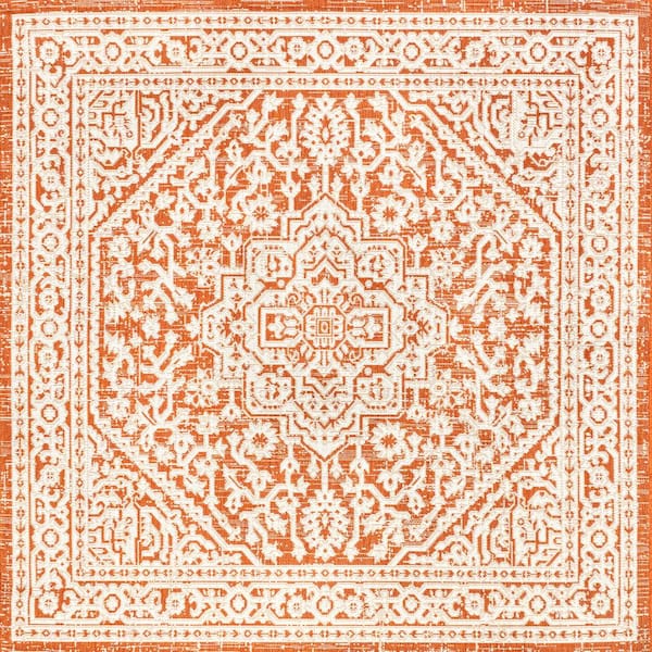 Orange/Cream 5 ft. Square Sinjuri Medallion Textured Weave Indoor/Outdoor Area Rug