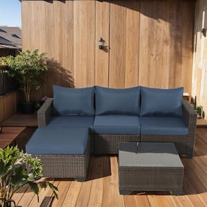 Brown 5-Piece Wicker Patio Conversation Set with Dark Blue Cushions