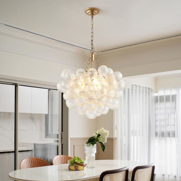 Gloweer 23.6 in. 3-Light Gold Pendant Light Chandelier with Threaded Clear Glass Globe Shade-Adjustable Height, No Bulbs