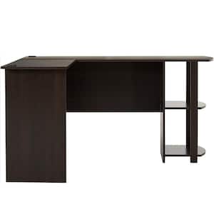 52 in. W L-Shaped Brown Wood Computer Desk with 2-layer Bookshelves